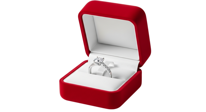 Diamond ring in red jewelry box represents love and commitment