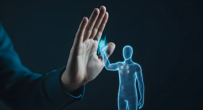 Hand interacting with a digital human avatar on a dark background in a futuristic setting concept