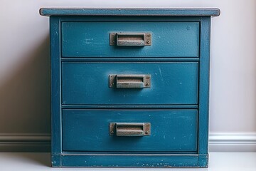 Worn blue chest of drawers with three drawers and aged metal handles