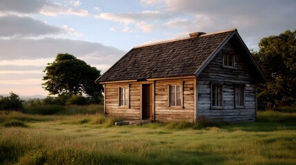 A weathered wooden cabin in a grassy field at dawn under cloudy skies