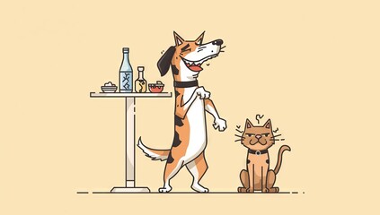 A dog on hind legs attempting to grab food from a vendor, shocked cat in background, comic-style flat colors, clean outlines, playful and engaging street scene, caricature art