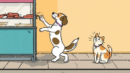 Comic showing a dog reaching for street food, cat reacting with paw on forehead, simple geometric shapes, clean outlines, lighthearted, humorous scene, urban street caricature style