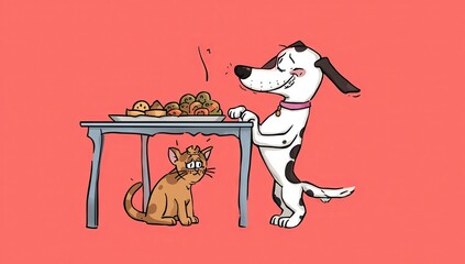 Playful cartoon illustration of a dog on hind legs stealing food from a street vendor’s cart, cat looking shocked in background, minimalist flat design, bright colors, comic caricature style