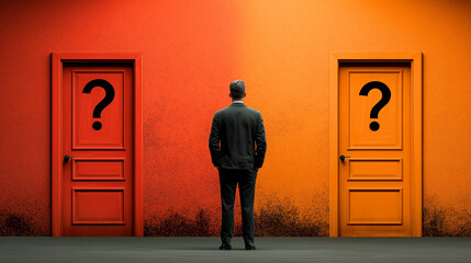 Conceptual photograph of a businessman standing with his back to the camera,confusion before two  doors marked with large question marks. A symbol of difficult life choices, uncertainty