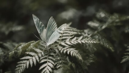 A delicate white butterfly rests on a vibrant green fern leaf in a forest setting.