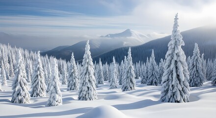 Snowy pine trees stand tall in a winter wonderland mountain landscape scene