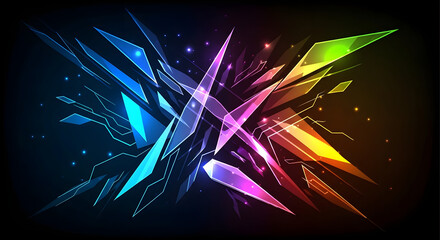 Abstract neon light shards and glowing particles digital display