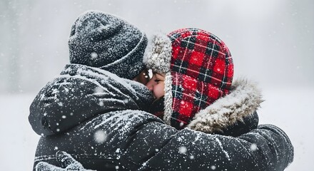 Couple embracing in a snowy winter wonderland with love and warmth in the cold