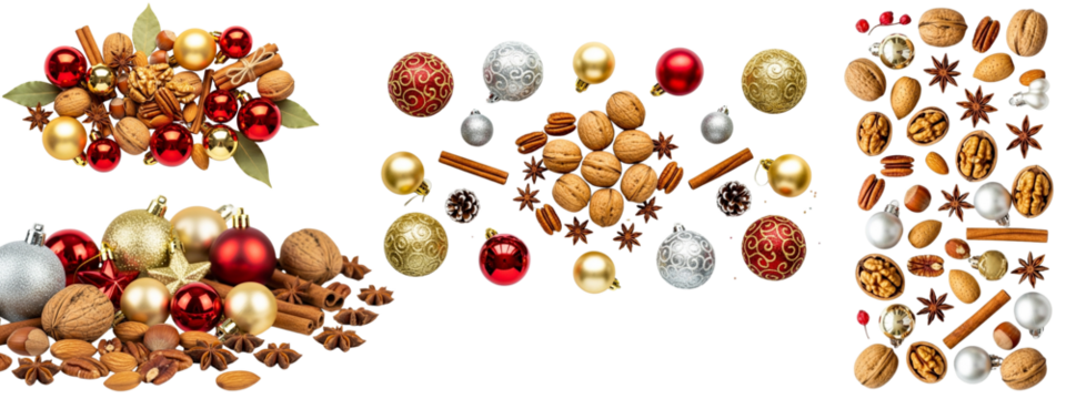 Holiday Ornament Set – Christmas Nuts, Star Anise, Cinnamon & Festive Red and Purple Baubles On transparent background.