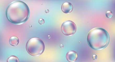 Iridescent soap bubbles floating on a soft pastel gradient background