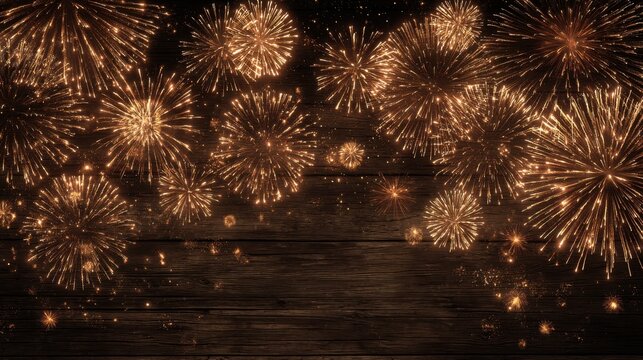 happy new year 2025 festive fireworks background golden fireworks celebration night sky dark wooden texture - Powered by Adobe