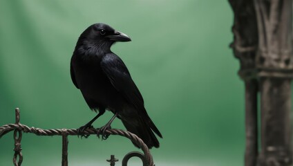A solitary black crow perched on a rustic metal fence with a green background.