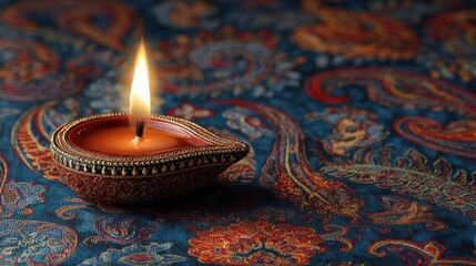 burning diya lamp on a patterned background traditional indian oil lamp on decorative fabric for diwali holiday celebration