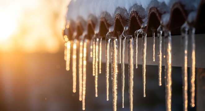 Glistening icicles melting from a snowy rooftop edge beautifully backlit by warm golden sunlight during a serene winter morning or evening.