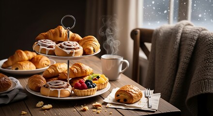 Obraz premium Warm breakfast spread featuring freshly baked croissants, sweet cinnamon rolls, colorful fruit tarts, and steaming coffee on a rustic wooden table, evoking a cozy winter scene.
