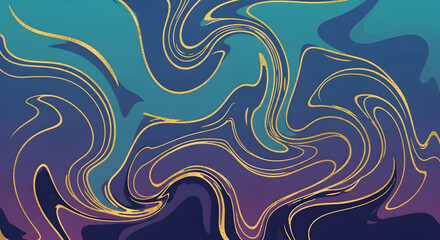 Luxury teal purple blue marble gold lines abstract fluid pattern