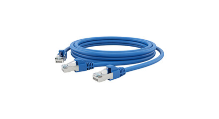 Blue ethernet cable with rj45 connectors for networking isolated on transparent background