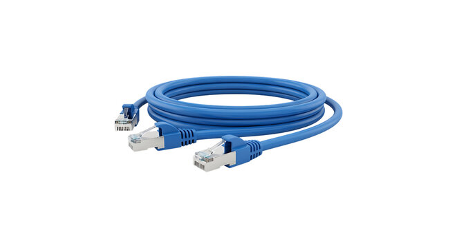 Blue ethernet cable with rj45 connectors for networking isolated on transparent background - Powered by Adobe