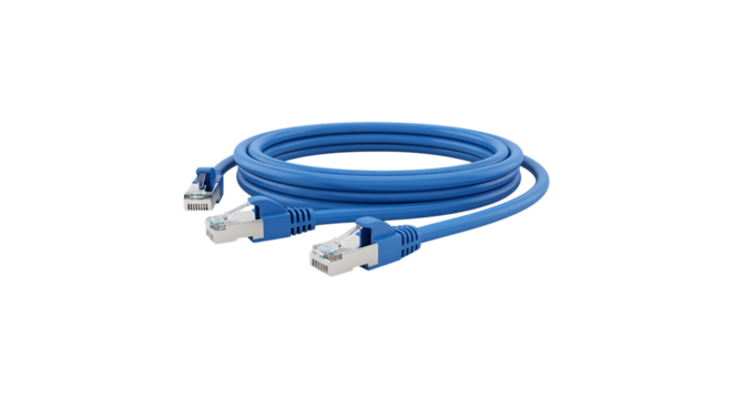 Blue ethernet cable with rj45 connectors for networking isolated on transparent background