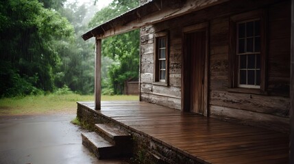 Fototapeta premium A weathered rustic wooden cabin stands under a gentle rainfall its porch and steps slick with moisture with a backdrop of lush green trees