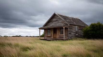 An old weathered wooden house stands isolated in a vast dry grassy field under a moody overcast sky