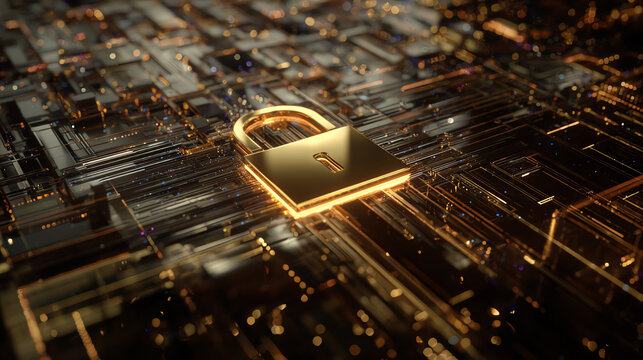 A glowing padlock symbolizing cybersecurity on a digital circuit board, representing data protection and security.