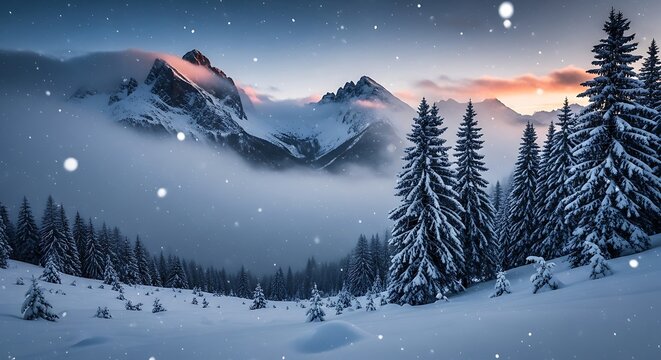 Snow-covered mountain range and dense evergreen forest under a soft, twilight sky with gentle snowfall, showcasing tranquil winter wilderness
