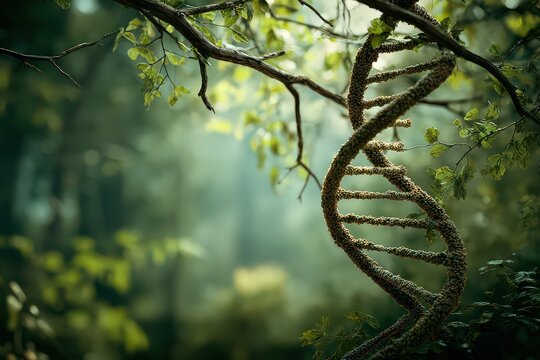 3D Render of a DNA Strand within a Lush Green Forest Environment Illustrating Biology Science and Nature