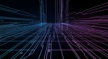 Futuristic circuit board grid with glowing lines data network