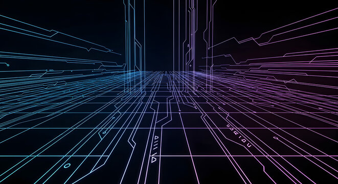 Futuristic circuit board grid with glowing lines data network