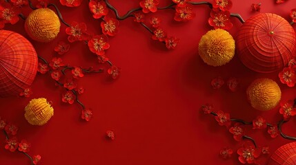 2024 chinese new year banner copy space top view background with golden and red theme of asian lanterns and cherry blossoms on red background festive greeting celebrating season concepts