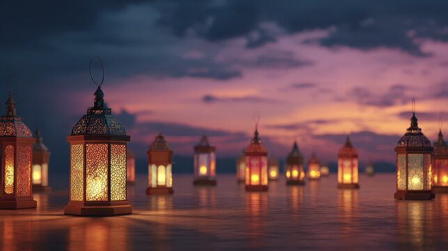 ramadan kareem night scene with traditional lanterns glowing warmly against a serene evening sky creating peaceful islamic festival atmosphere for eid celebration and holy month background