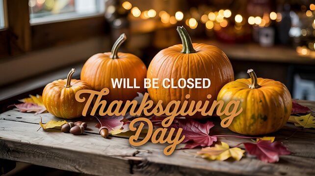 Warmly lit thanksgiving day sign will be closed displayed among pumpkins and autumn leaves on rustic wooden table