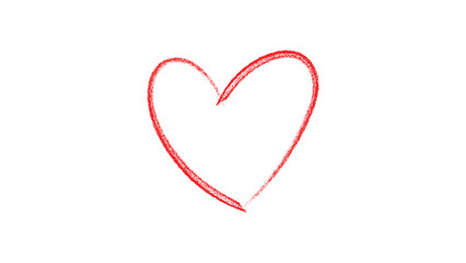 Hand Drawn Red Heart Outline, Crayon Sketch Love Symbol Isolated on White Background
