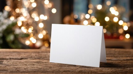 blank christmas card mockup on wooden table with festive bokeh lights in the background ideal for holiday greetings or invitations with copy space for customization