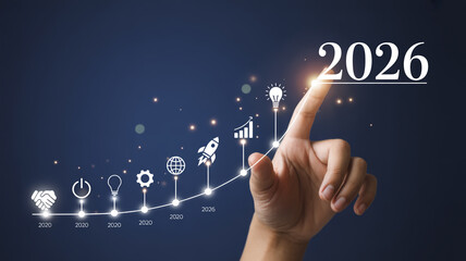 Obraz premium Ultra-detailed digital illustration of business growth, futuristic dark blue bokeh background, glowing ascending line graph with icons, hand interaction, modern corporate visualization.