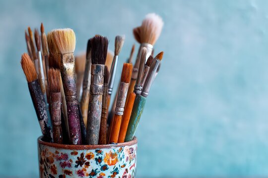 Assorted Paintbrushes in Ceramic Holder with Blue Background