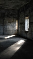 Obraz premium Vibrant photo of sunlight streaming through window into dark, empty concrete room