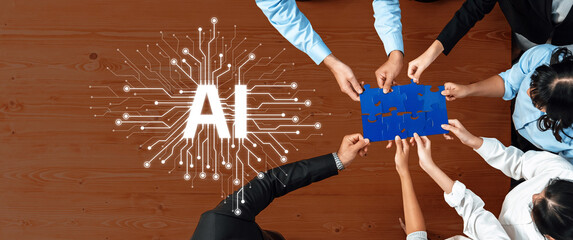 A diverse team collaborates on an AI-themed puzzle on a wooden table, showcasing teamwork and innovation in technology, highlighting concept development and problem-solving skills. Trope