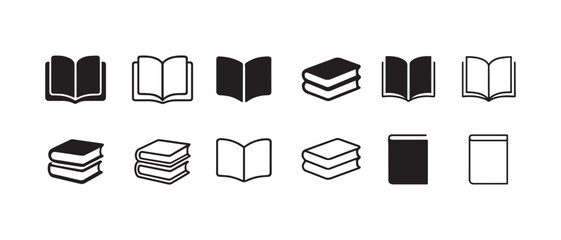 Minimalist Book Icons Set: Open Books and Stacked Closed Books, Education, Library, and Reading Symbols in Black and Outline