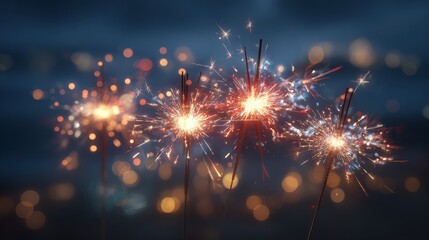 closeup of sparkling red white and blue sparklers with golden embers against softly blurred night sky featuring starshaped bokeh lights and warm festive glow for independence day celebrations