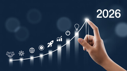 Digital illustration of business growth, futuristic dark blue bokeh background, glowing ascending line graph with icons, hand interaction, modern corporate visualization, high-resolution.