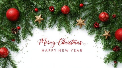festive merry christmas and happy new year text overlay on a white background framed by lush green fir branches adorned with red baubles and golden star ornaments