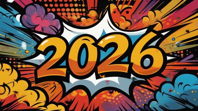 Vivid ink splashes merging to create &lsquo;2026&rsquo;