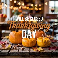 Thanksgiving day holiday closure announcement with pumpkins and autumn leaves on a rustic wooden table