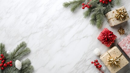 christmas and new year holiday background xmas greeting card christmas gifts on white marble background top view flat layout