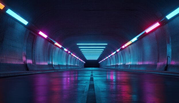 Vibrant photo of futuristic neon tunnel with glowing blue and pink light reflection - Powered by Adobe