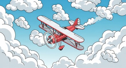 Cartoon Biplane Soaring Through Cloudy Skies - A Whimsical Aviation Adventure.