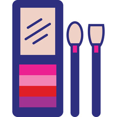 Makeup palette with pink and red shades and two applicators on a transparent background