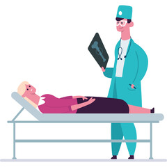 Male Doctor in Teal Scrubs Examines X-ray of Patient Lying on Medical Examination Table Wearing Pink and Black Outfit